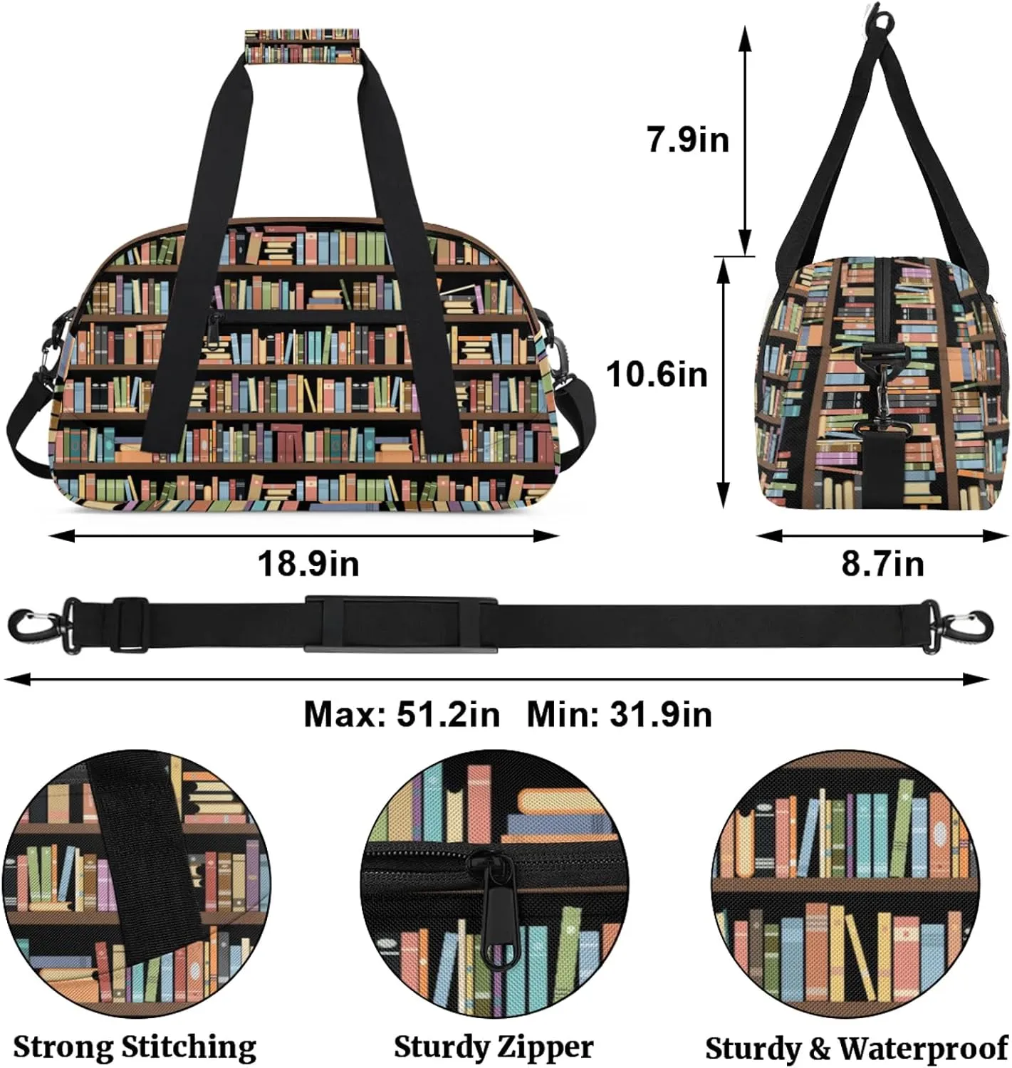 Library Bookshelf 18 inch Small Gym Bag for Women and Men, Lightweight Carry On Weekender Bag Mini Duffel Bag for Travel Sports Workout