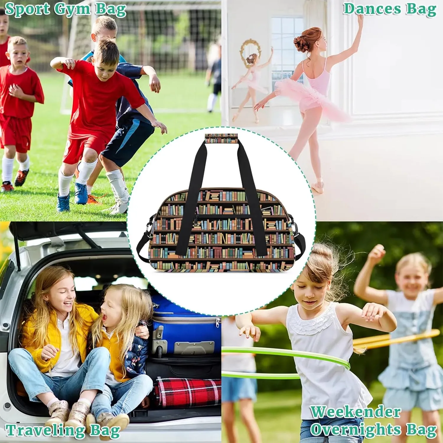 Library Bookshelf 18 inch Small Gym Bag for Women and Men, Lightweight Carry On Weekender Bag Mini Duffel Bag for Travel Sports Workout