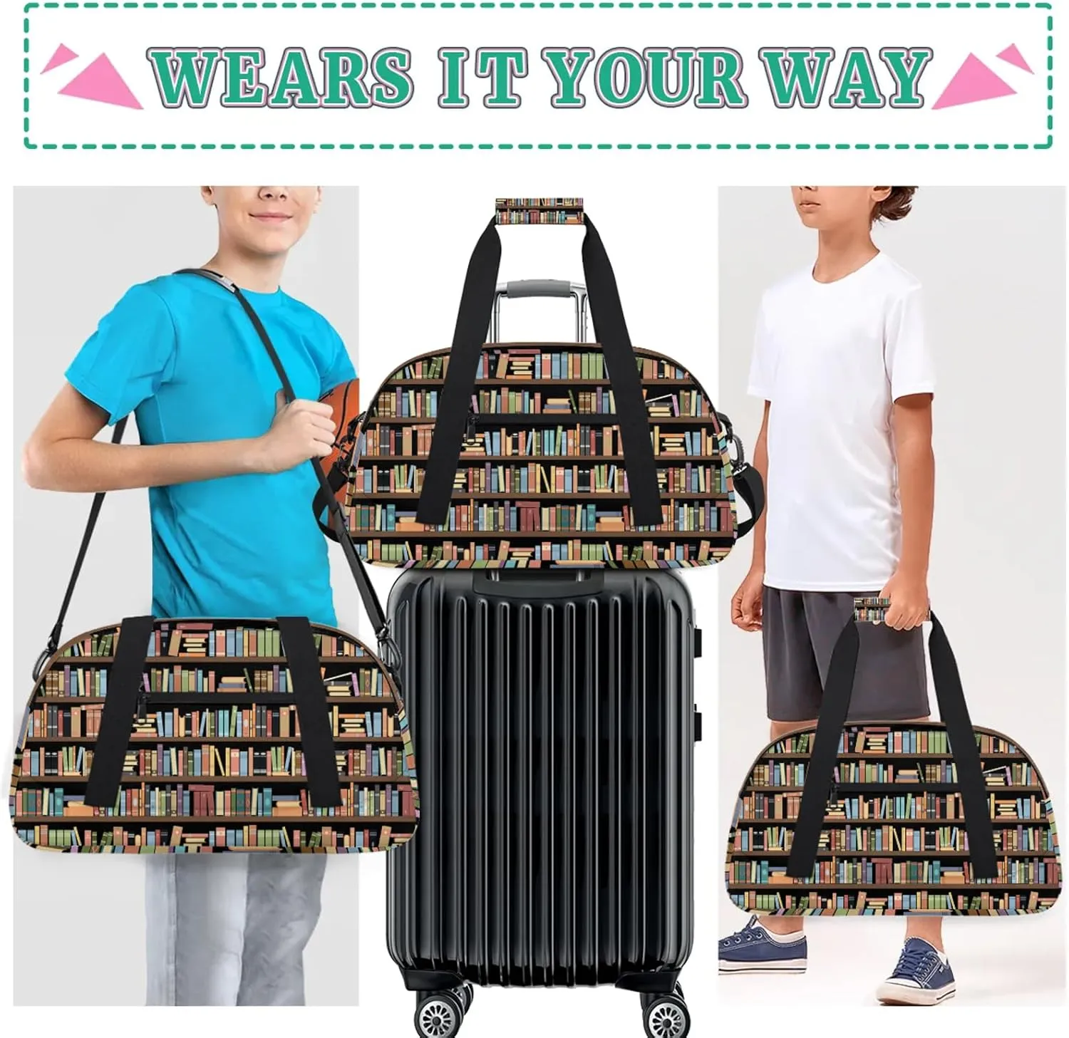 Library Bookshelf 18 inch Small Gym Bag for Women and Men, Lightweight Carry On Weekender Bag Mini Duffel Bag for Travel Sports Workout