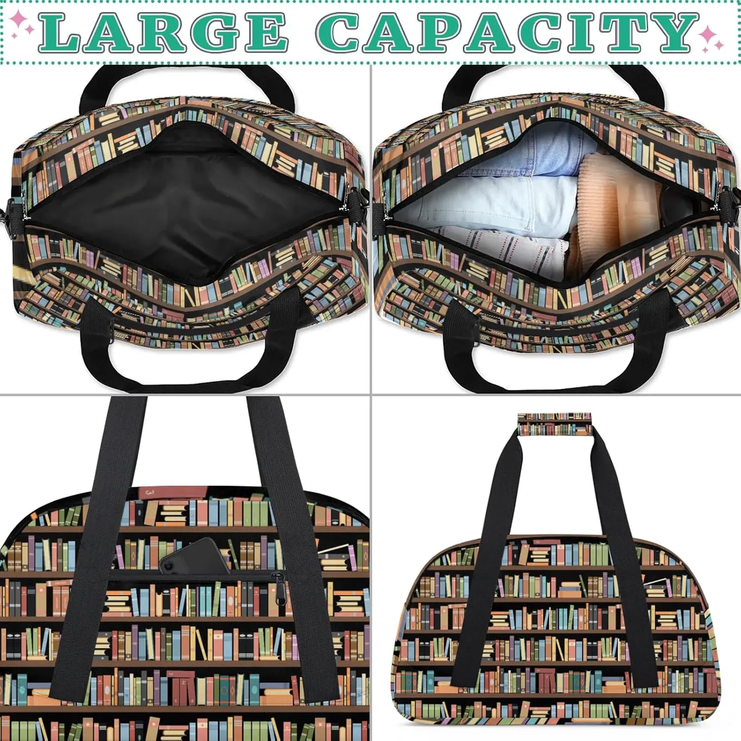 Library Bookshelf 18 inch Small Gym Bag for Women and Men, Lightweight Carry On Weekender Bag Mini Duffel Bag for Travel Sports Workout
