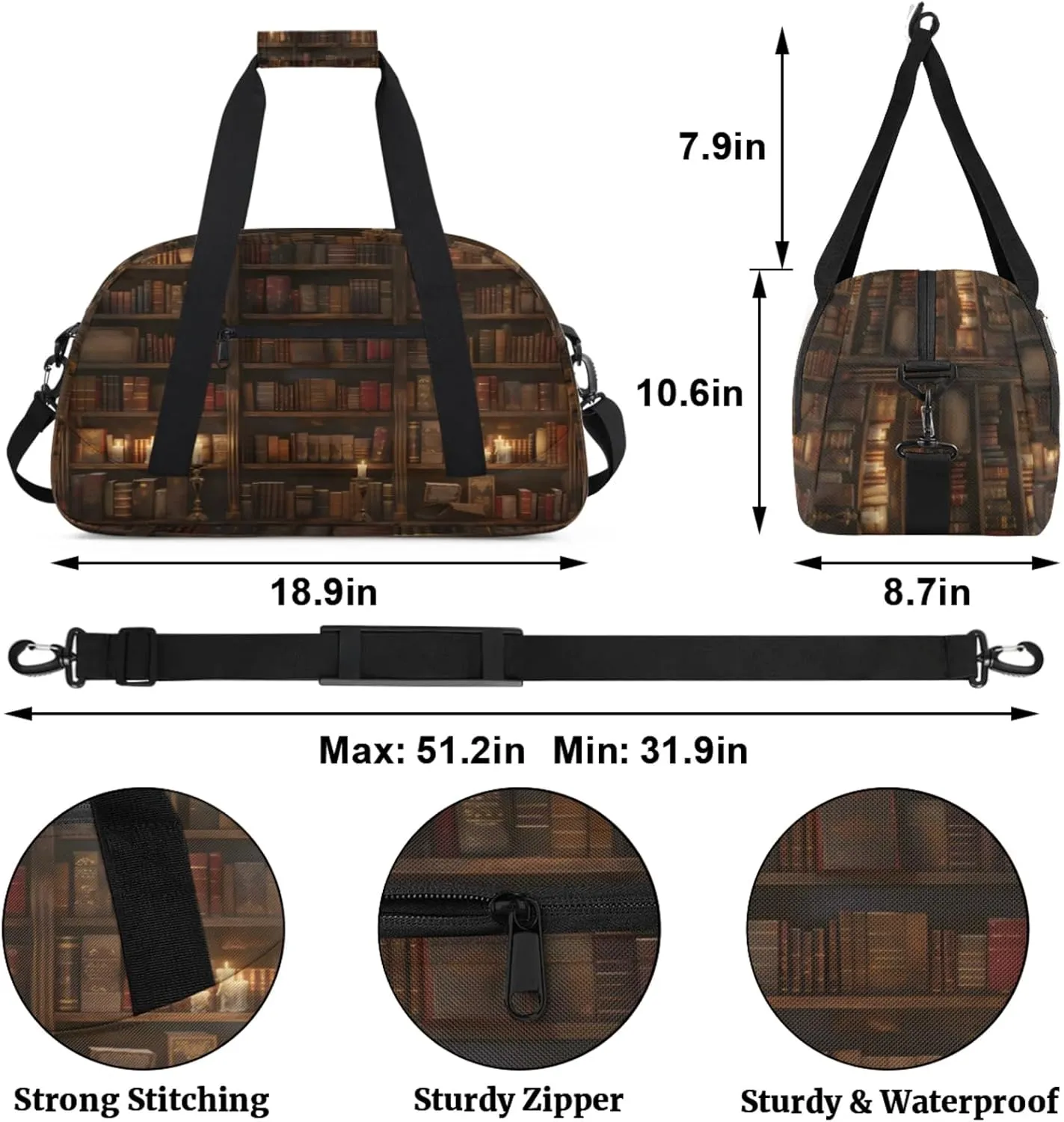 Library Bookshelf Gym Bag for Women Men, Sports Travel Duffel Bag Lightweight Workout Bag Carry On Overnight Weekender Bag