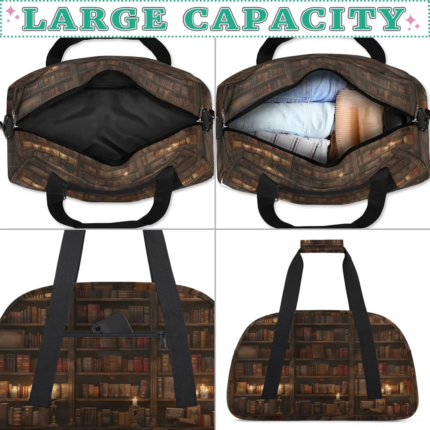 Library Bookshelf Gym Bag for Women Men, Sports Travel Duffel Bag Lightweight Workout Bag Carry On Overnight Weekender Bag