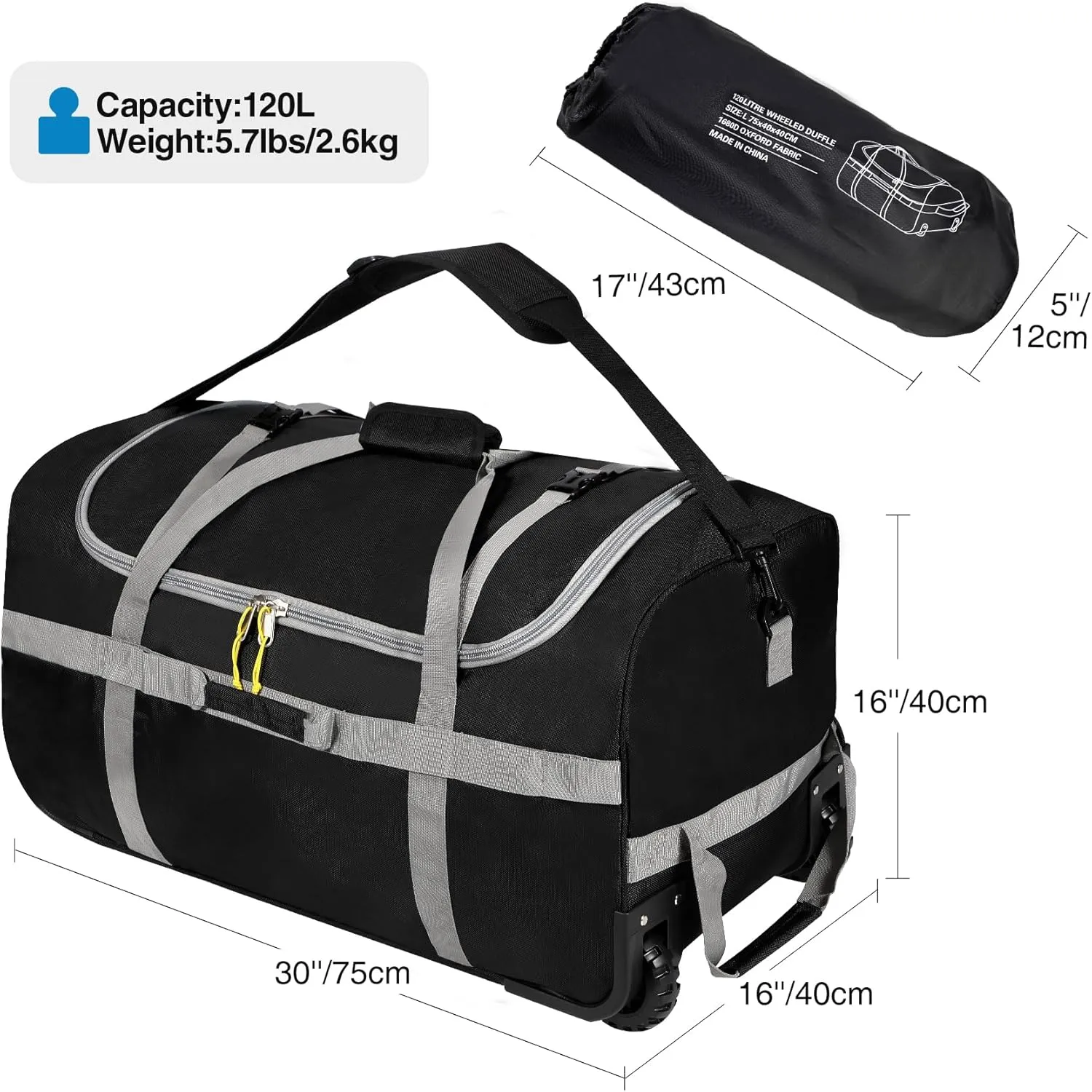 Lineslife Foldable Duffle Bag with Wheels, 120L Large Duffle bags for Travel, 1680D Oxford, Black