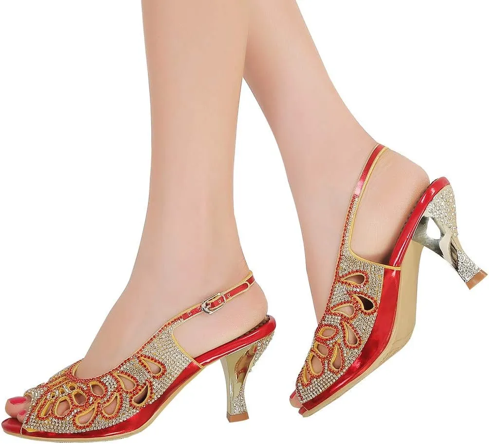 LizFoYa Women Peep Toe Cutout Dressy Pumps Shoes Crystal Evening Slingback Kitten Heels