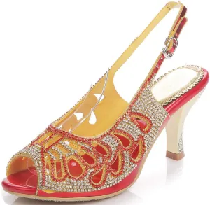 LizFoYa Women Peep Toe Cutout Dressy Pumps Shoes Crystal Evening Slingback Kitten Heels