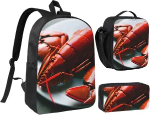 Lobster print 3 Piece Backpack Bags with Lunch Box Pencil Case Set for Travel Work Camping Unisex