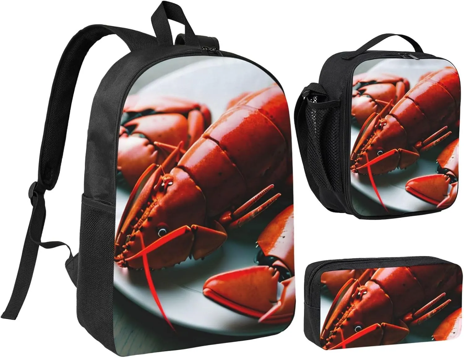 Lobster print 3 Piece Backpack Bags with Lunch Box Pencil Case Set for Travel Work Camping Unisex
