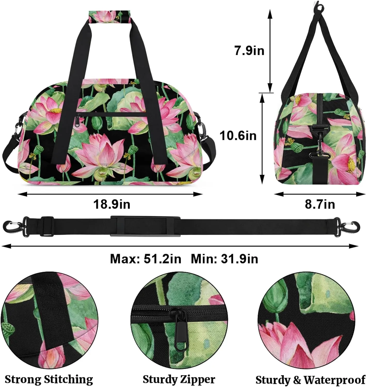 Lotus Flower 18 inch Small Gym Bag for Women and Men, Lightweight Carry On Weekender Bag Mini Duffel Bag for Travel Sports Workout, Floral