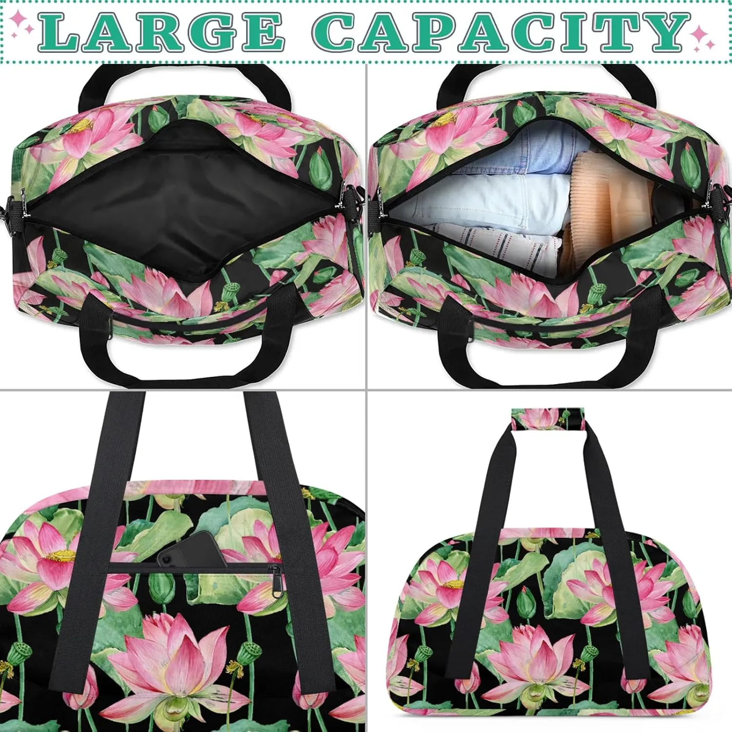 Lotus Flower 18 inch Small Gym Bag for Women and Men, Lightweight Carry On Weekender Bag Mini Duffel Bag for Travel Sports Workout, Floral