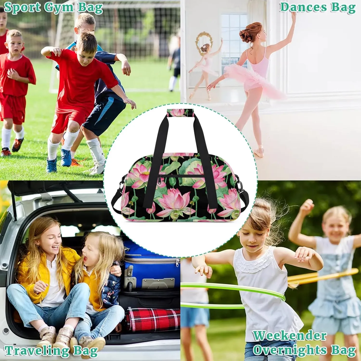 Lotus Flower 18 inch Small Gym Bag for Women and Men, Lightweight Carry On Weekender Bag Mini Duffel Bag for Travel Sports Workout, Floral