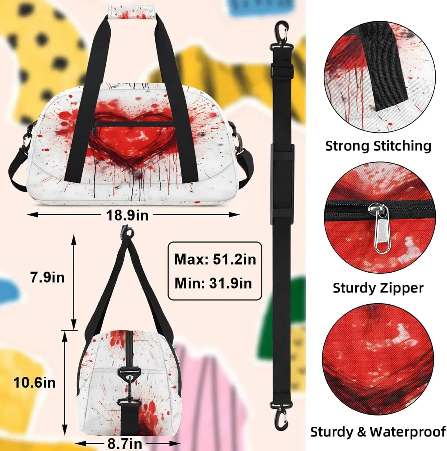 Love Heart Red Small Gym Bag 18 inch Carry On Duffel Bag for Weekender Travel Sports Workout Yoga Gymnastics Dance Ballet