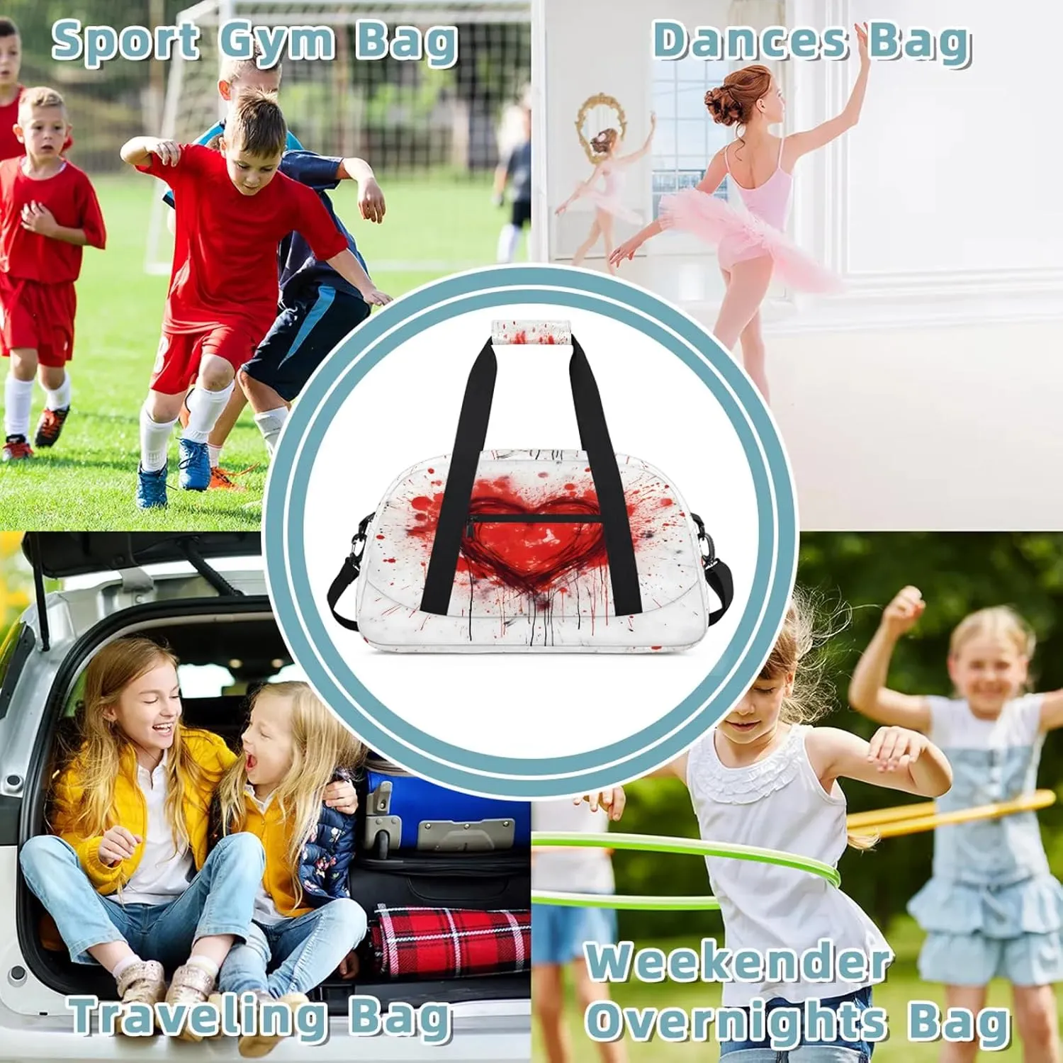 Love Heart Red Small Gym Bag 18 inch Carry On Duffel Bag for Weekender Travel Sports Workout Yoga Gymnastics Dance Ballet