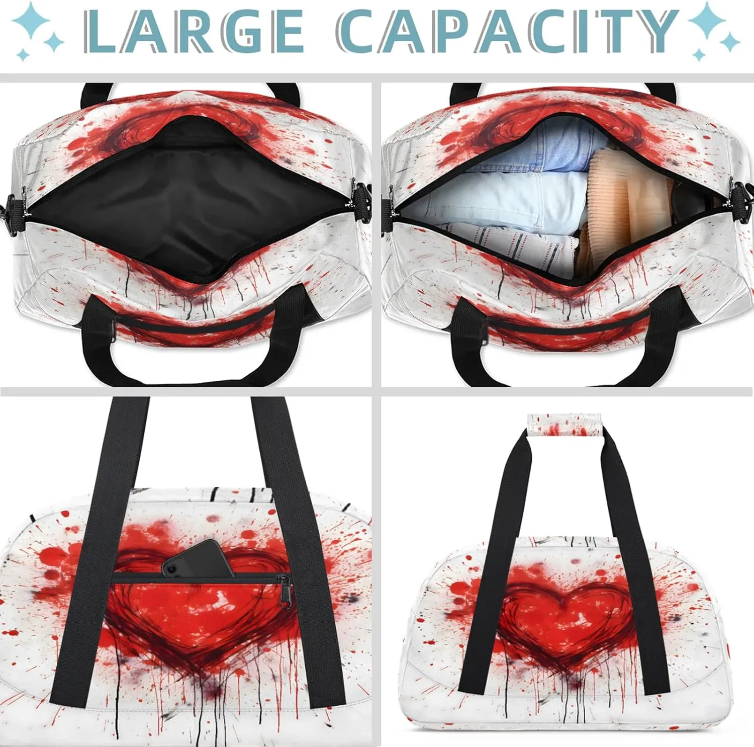 Love Heart Red Small Gym Bag 18 inch Carry On Duffel Bag for Weekender Travel Sports Workout Yoga Gymnastics Dance Ballet