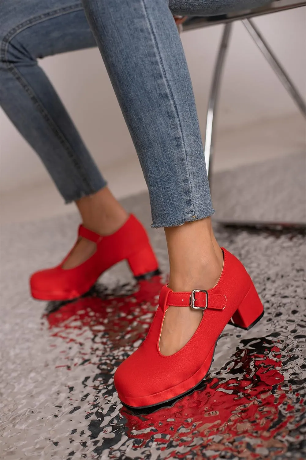 Low Chunky Heels for Women's T-Strap Round Toe Solid Mary Janes Pumps Wedding Dress Pumps
