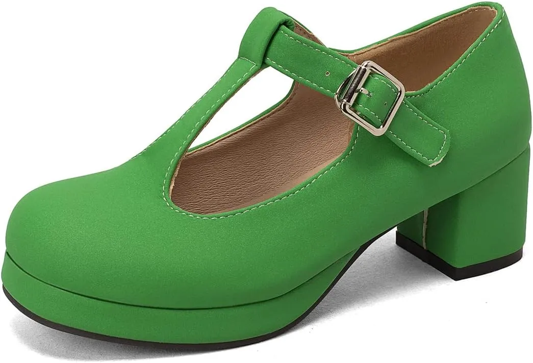 Low Chunky Heels for Women's T-Strap Round Toe Solid Mary Janes Pumps Wedding Dress Pumps