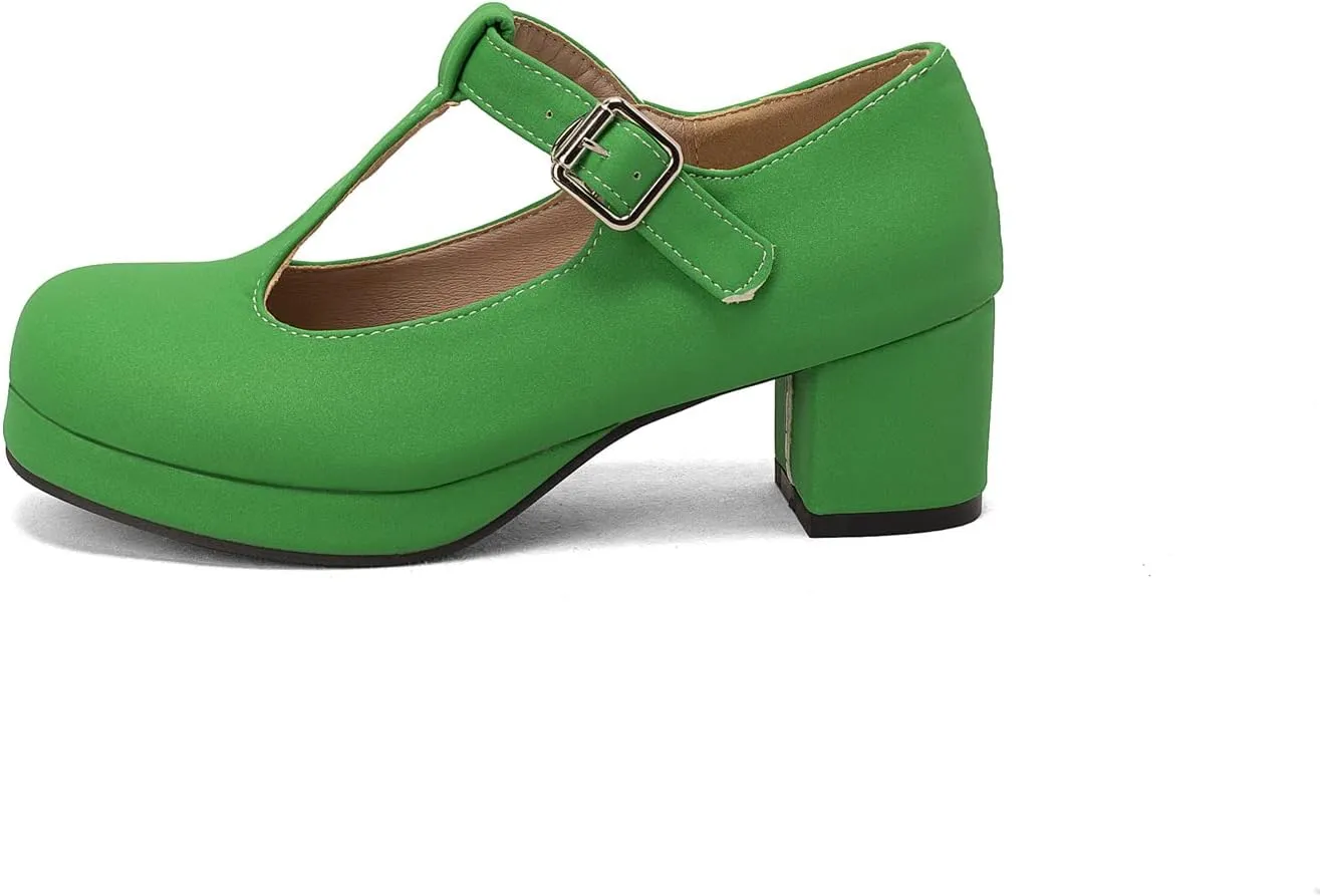 Low Chunky Heels for Women's T-Strap Round Toe Solid Mary Janes Pumps Wedding Dress Pumps