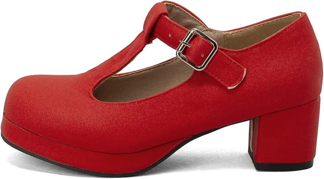 Low Chunky Heels for Women's T-Strap Round Toe Solid Mary Janes Pumps Wedding Dress Pumps