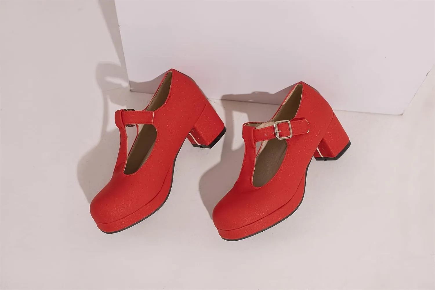 Low Chunky Heels for Women's T-Strap Round Toe Solid Mary Janes Pumps Wedding Dress Pumps