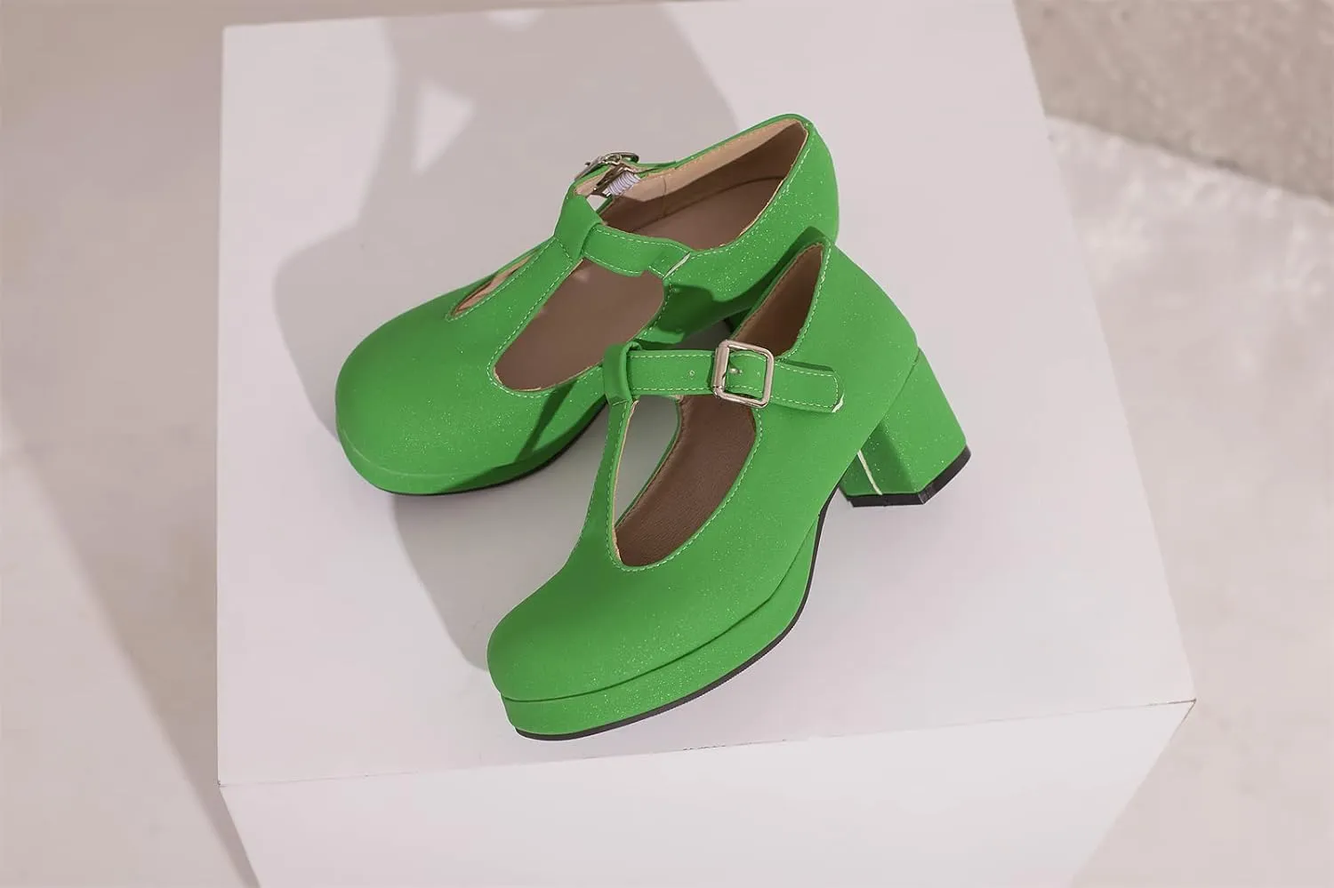 Low Chunky Heels for Women's T-Strap Round Toe Solid Mary Janes Pumps Wedding Dress Pumps
