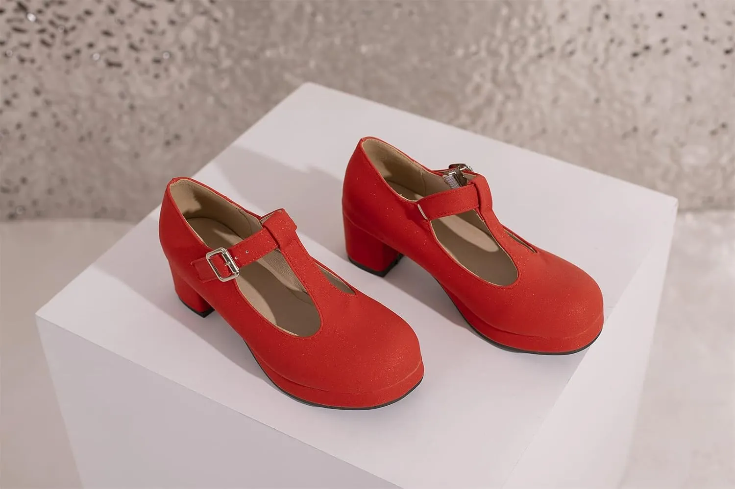Low Chunky Heels for Women's T-Strap Round Toe Solid Mary Janes Pumps Wedding Dress Pumps