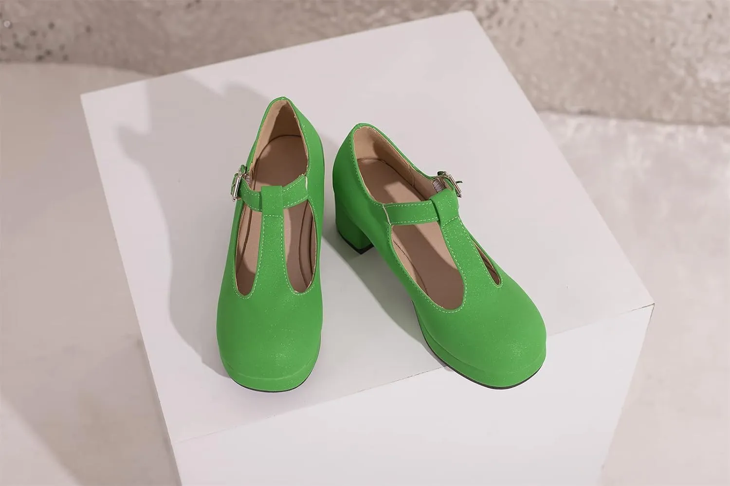 Low Chunky Heels for Women's T-Strap Round Toe Solid Mary Janes Pumps Wedding Dress Pumps