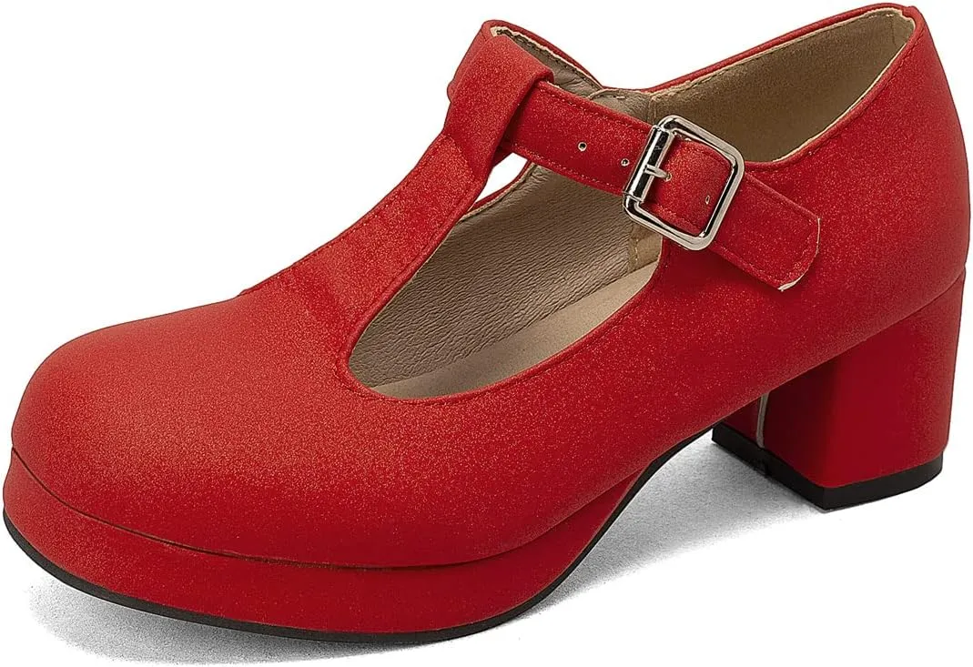 Low Chunky Heels for Women's T-Strap Round Toe Solid Mary Janes Pumps Wedding Dress Pumps
