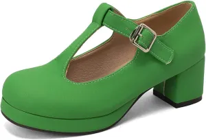 Low Chunky Heels for Women's T-Strap Round Toe Solid Mary Janes Pumps Wedding Dress Pumps