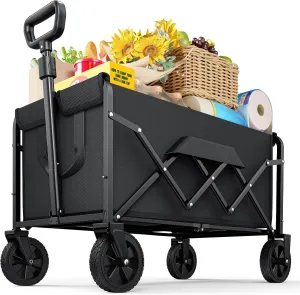 Medium Collapsible Wagon with Wheels, Foldable Carts with 220lbs Load Capacity, Dog Wagon, Utility Shopping Cart for Groceries, Sports, Camping, Garden, Fishing, Black
