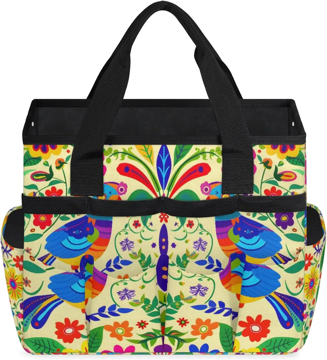 Mexican Mexico Style Floral Bird Garden Tool Bag, Heavy Duty Garden Tote Bag Organizer with 10 Pockets Gardening Gift for Women and Men