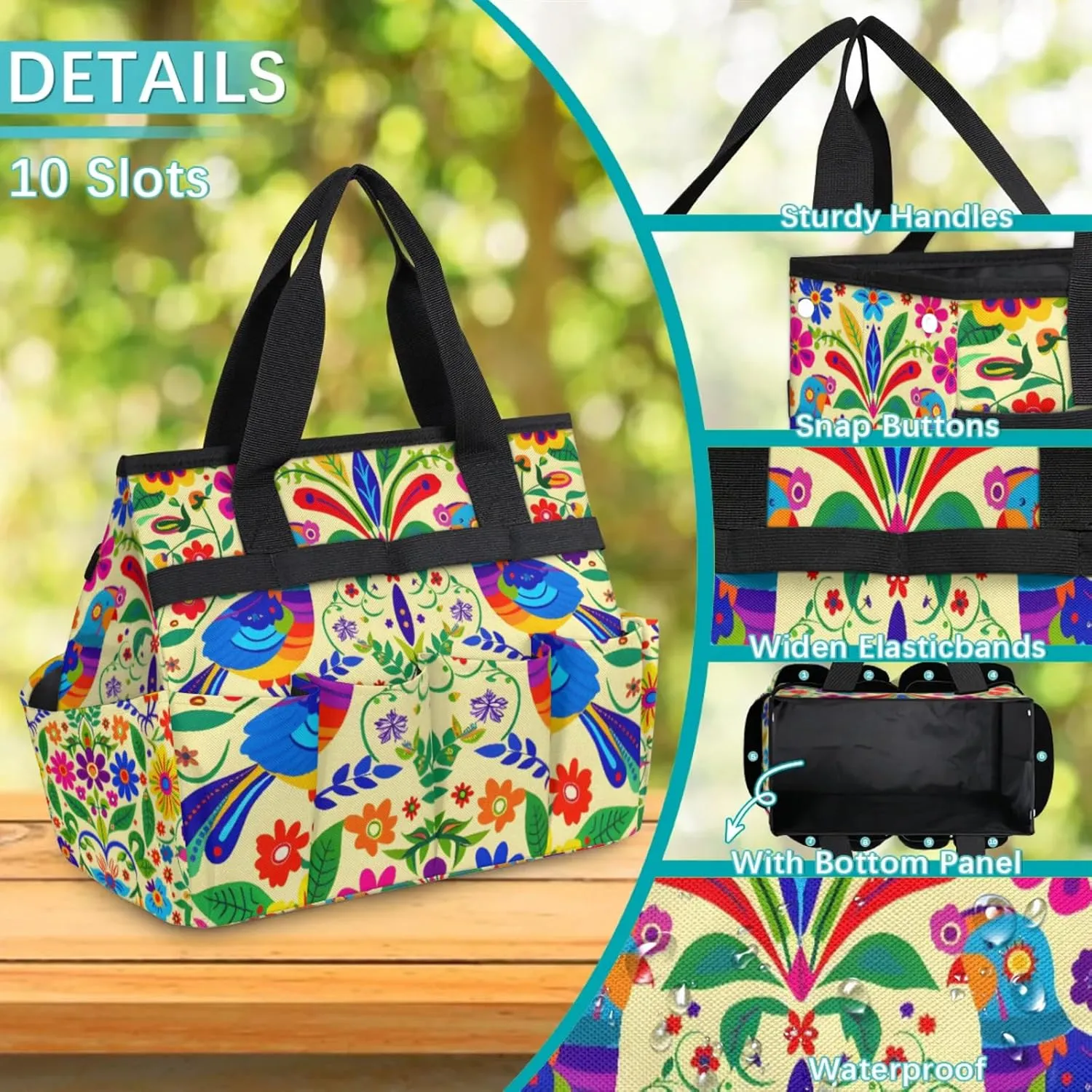 Mexican Mexico Style Floral Bird Garden Tool Bag, Heavy Duty Garden Tote Bag Organizer with 10 Pockets Gardening Gift for Women and Men