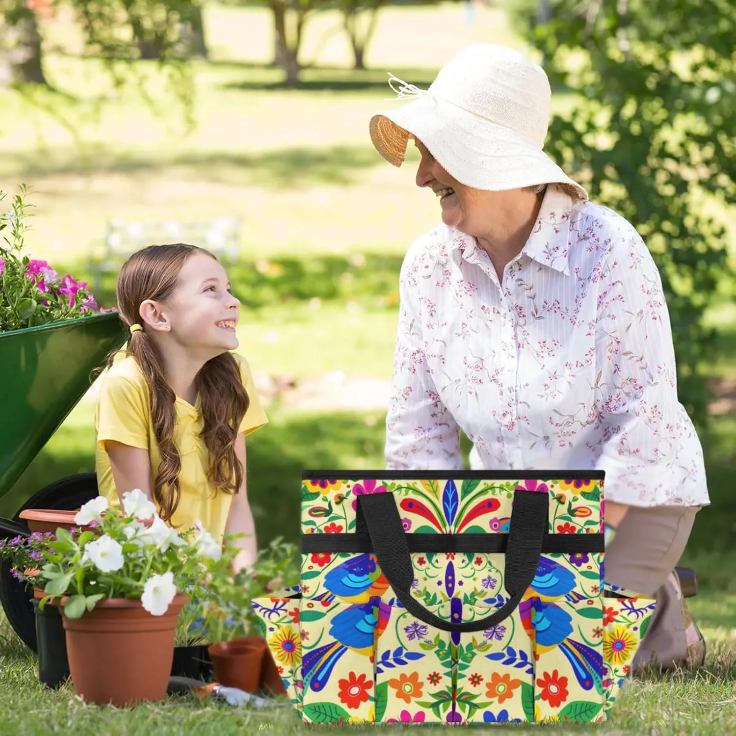 Mexican Mexico Style Floral Bird Garden Tool Bag, Heavy Duty Garden Tote Bag Organizer with 10 Pockets Gardening Gift for Women and Men