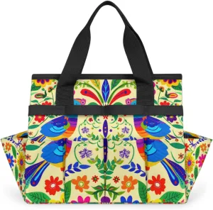 Mexican Mexico Style Floral Bird Garden Tool Bag, Heavy Duty Garden Tote Bag Organizer with 10 Pockets Gardening Gift for Women and Men