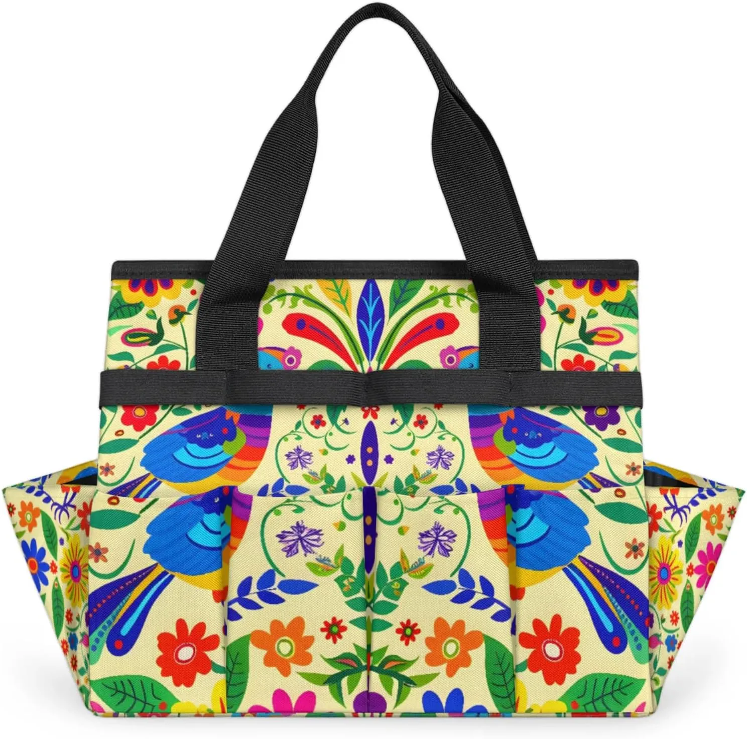 Mexican Mexico Style Floral Bird Garden Tool Bag, Heavy Duty Garden Tote Bag Organizer with 10 Pockets Gardening Gift for Women and Men