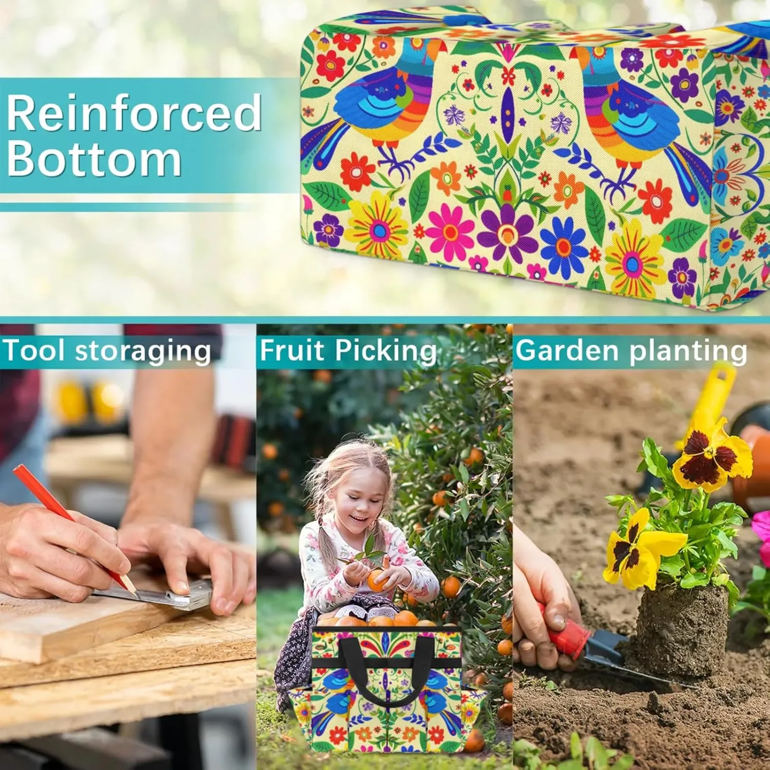 Mexican Mexico Style Floral Bird Garden Tool Bag, Heavy Duty Garden Tote Bag Organizer with 10 Pockets Gardening Gift for Women and Men