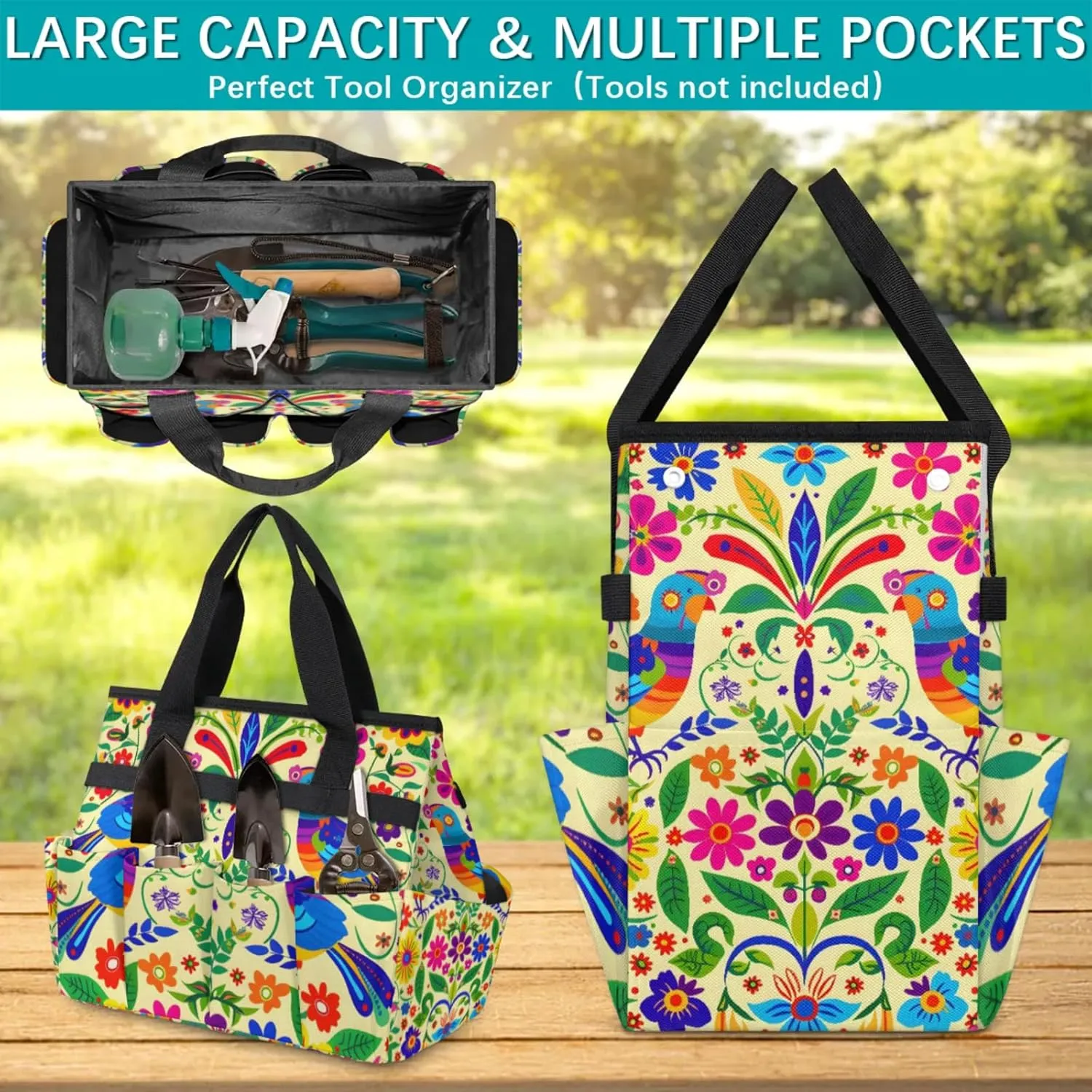 Mexican Mexico Style Floral Bird Garden Tool Bag, Heavy Duty Garden Tote Bag Organizer with 10 Pockets Gardening Gift for Women and Men