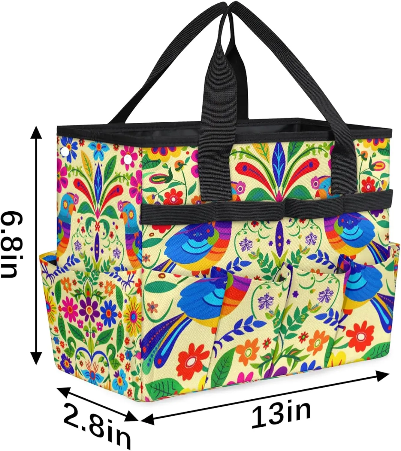 Mexican Mexico Style Floral Bird Garden Tool Bag, Heavy Duty Garden Tote Bag Organizer with 10 Pockets Gardening Gift for Women and Men