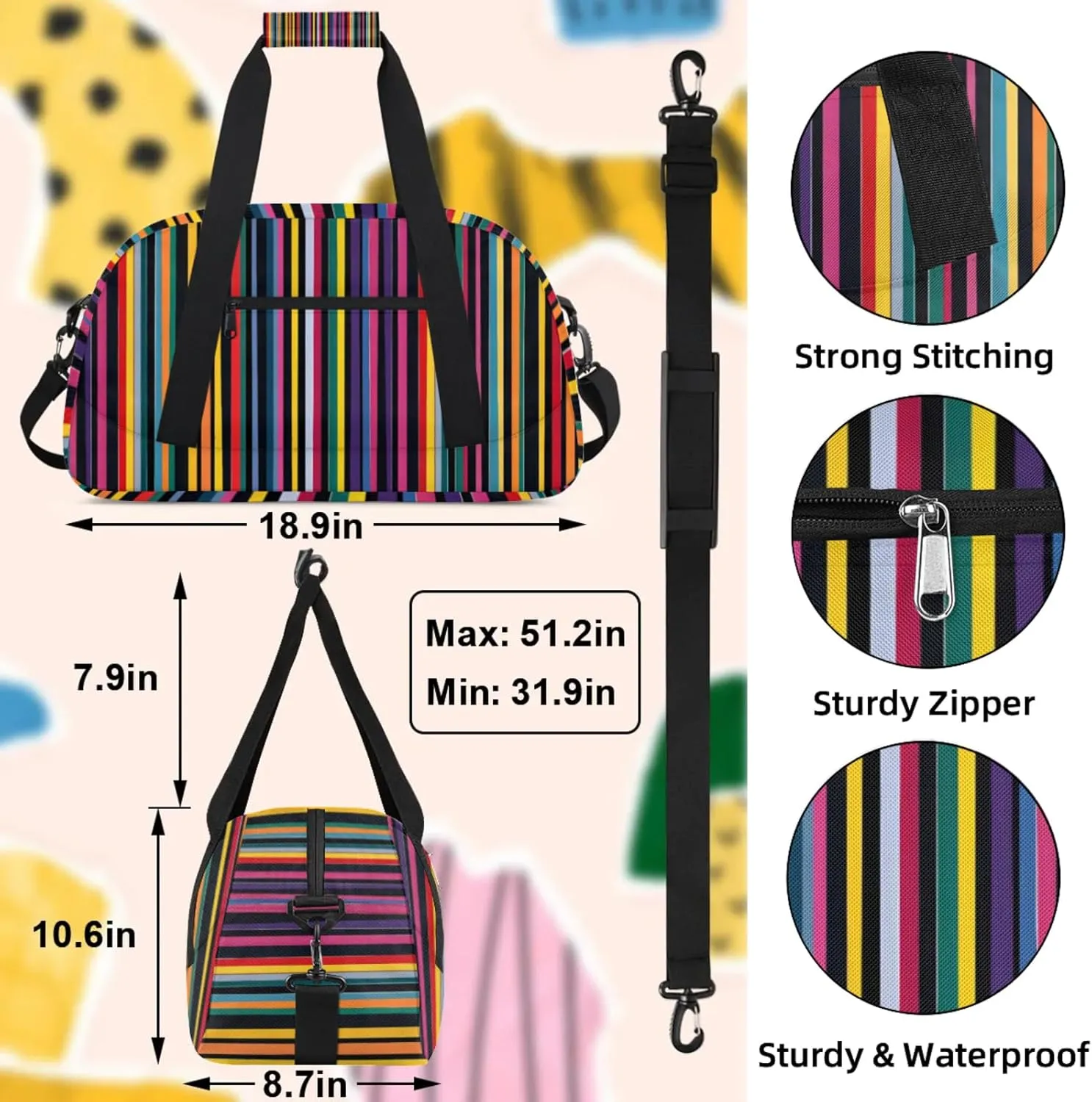 Mexican Stripes Colorful Small Gym Bag 18 inch Carry On Duffel Bag for Weekender Travel Sports Workout Yoga Gymnastics Dance Ballet