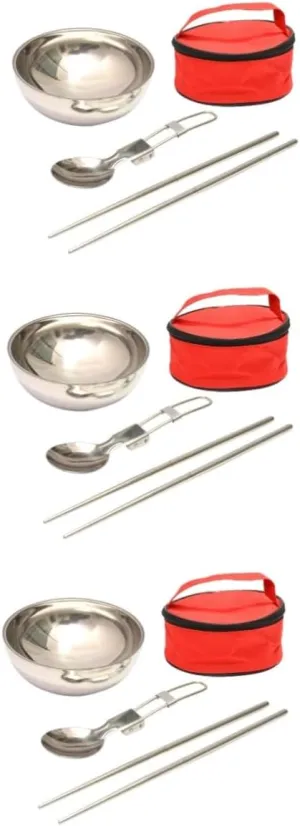 Mikikit Camping Bowl Spoon Chopsticks Reusable Outdoor Spoons Camping Eating Utensils Kit Multifunctional Travel