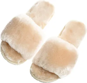 Millffy Women's Wool Fur Slippers Sheepskin Leather Slippers Shearling Fur Fluffy Fuzzy House Bedroom Shoes Slides
