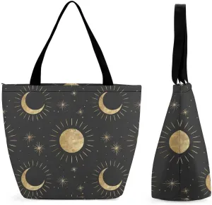 MoBlinko Cute Astronauts Planets Tote Bag for Women Reusable Shoulder Bags with Zipper for Yoga Grocery Shopping Gifts
