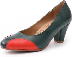 Mona flying Womens Retro Dress Pumps 7cm Chunky Heel Leather Dressy Shoes for Ladies