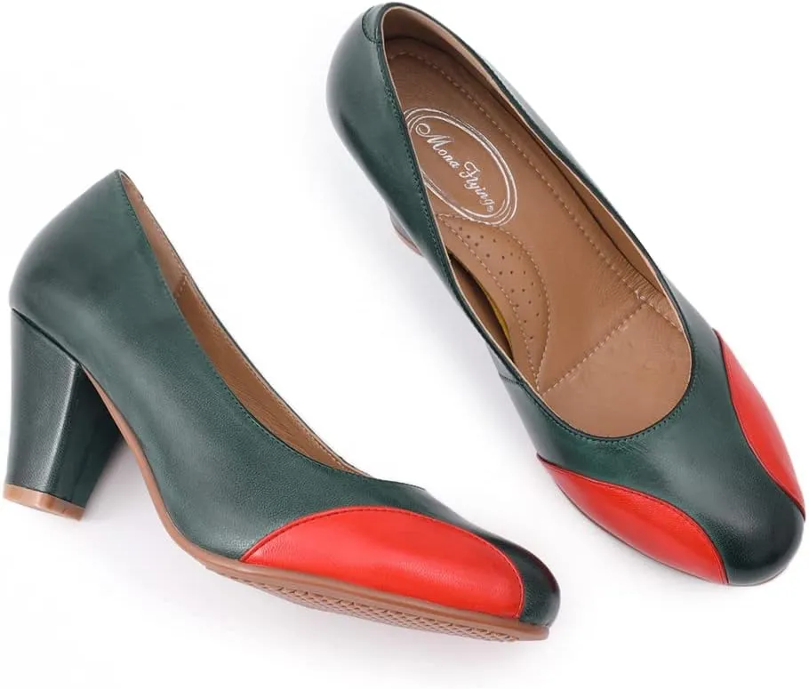 Mona flying Womens Retro Dress Pumps 7cm Chunky Heel Leather Dressy Shoes for Ladies