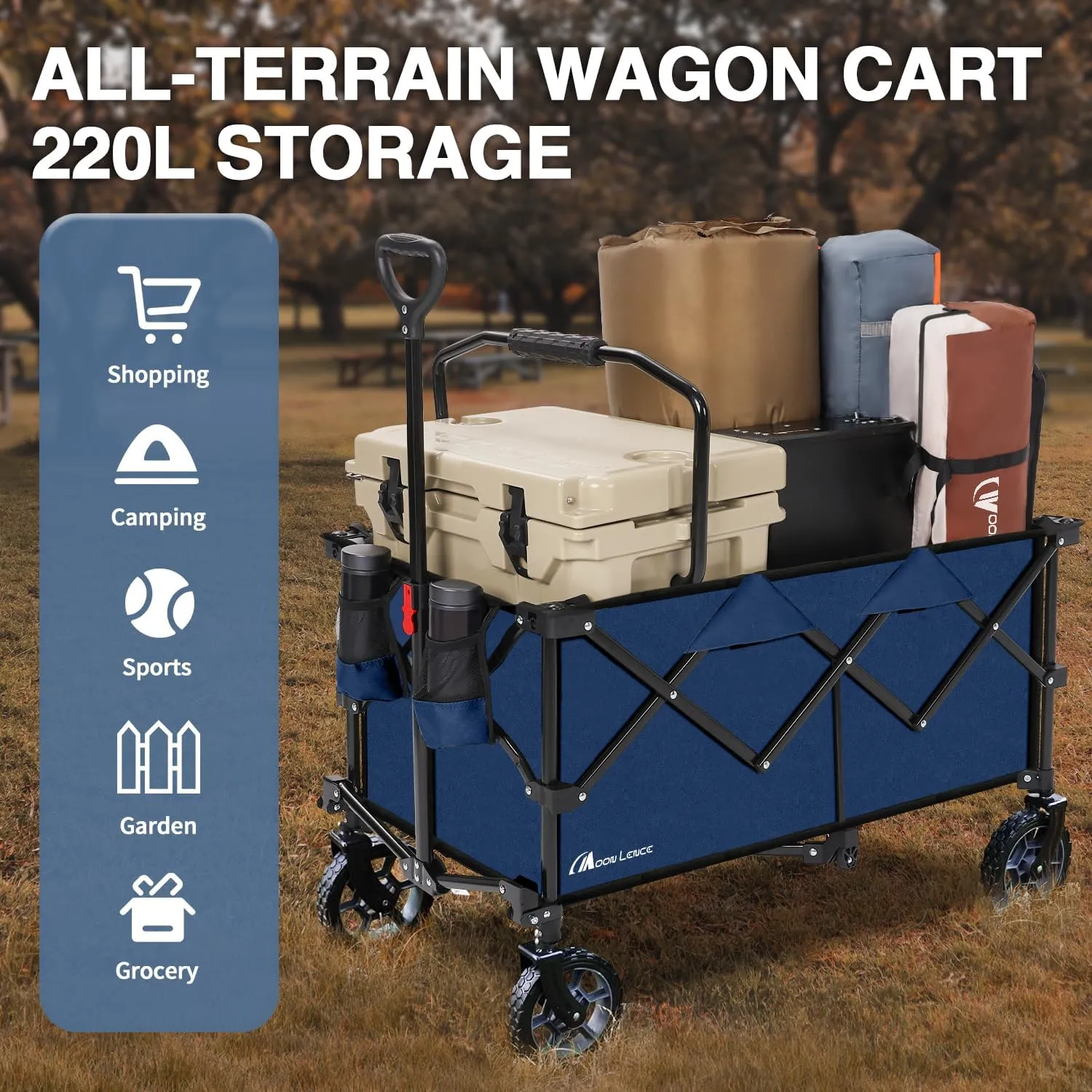 Moon Lence Collapsible Folding Wagon Cart Heavy Duty Folding Garden Portable Hand Cart with All-Terrain Beach Wheels, Adjustable Handle & Drink Holders (Dark Blue)