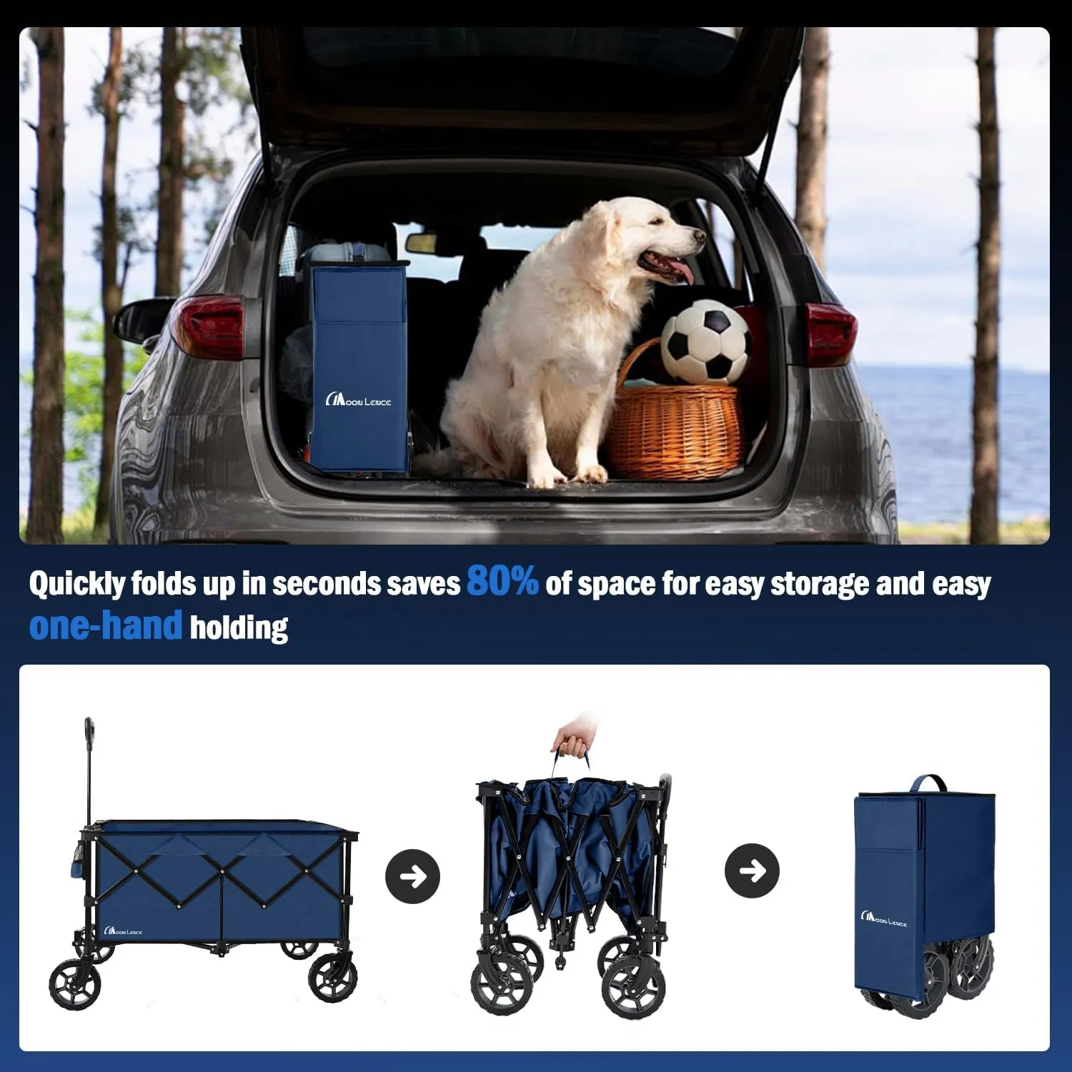 Moon Lence Collapsible Folding Wagon Cart Heavy Duty Folding Garden Portable Hand Cart with All-Terrain Beach Wheels, Adjustable Handle & Drink Holders (Dark Blue)