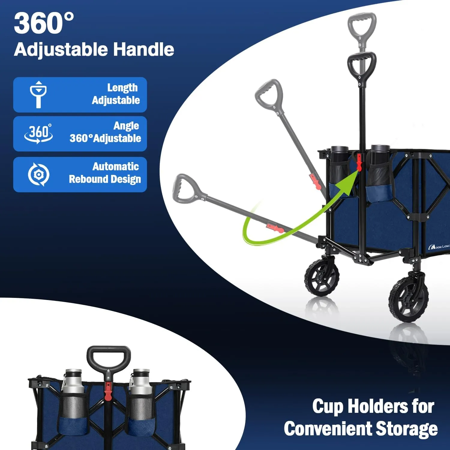 Moon Lence Collapsible Folding Wagon Cart Heavy Duty Folding Garden Portable Hand Cart with All-Terrain Beach Wheels, Adjustable Handle & Drink Holders (Dark Blue)