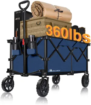 Moon Lence Collapsible Folding Wagon Cart Heavy Duty Folding Garden Portable Hand Cart with All-Terrain Beach Wheels, Adjustable Handle & Drink Holders (Dark Blue)