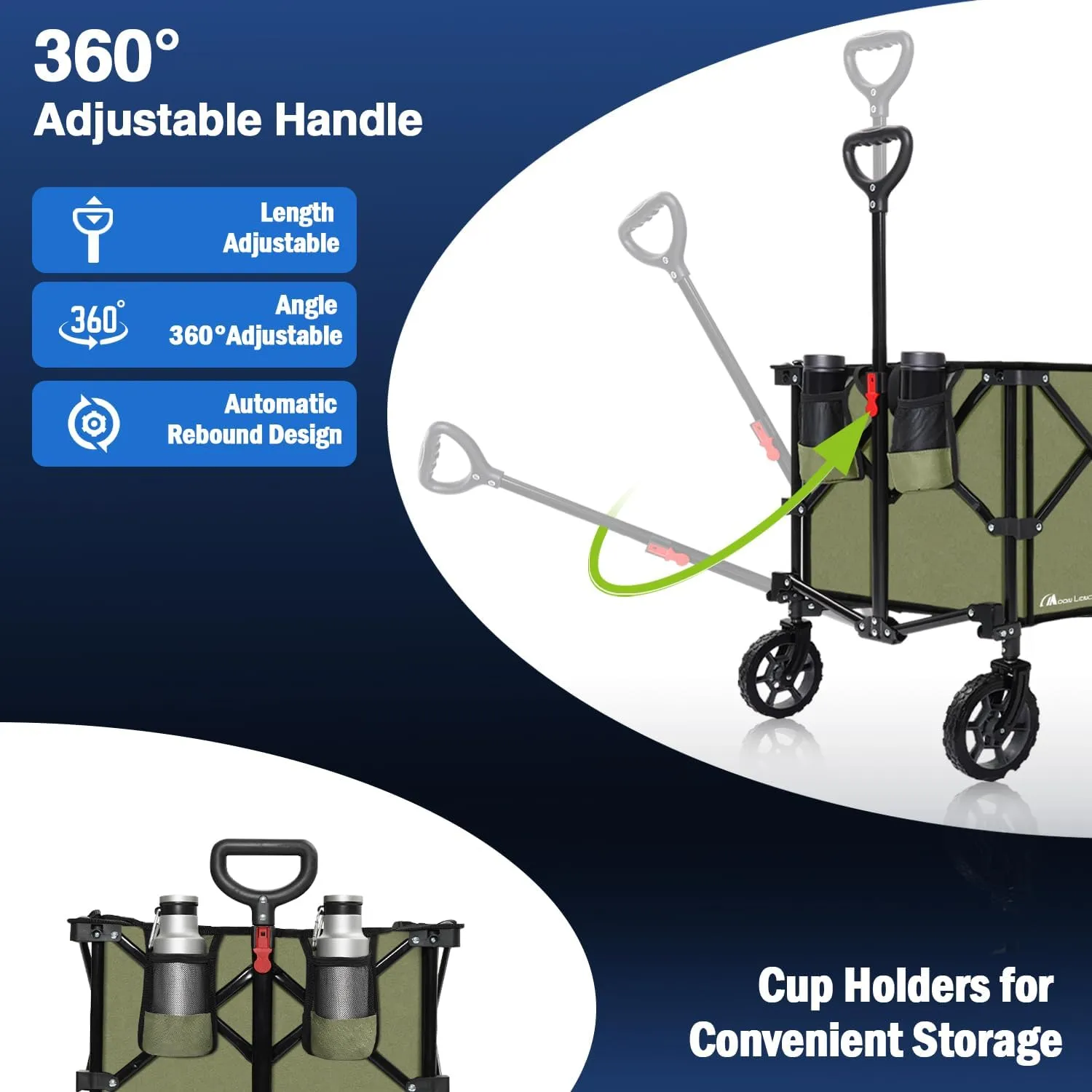 Moon Lence Collapsible Folding Wagon Cart Heavy Duty Folding Garden Portable Hand Cart with All-Terrain Beach Wheels, Adjustable Handle & Drink Holders (Green)