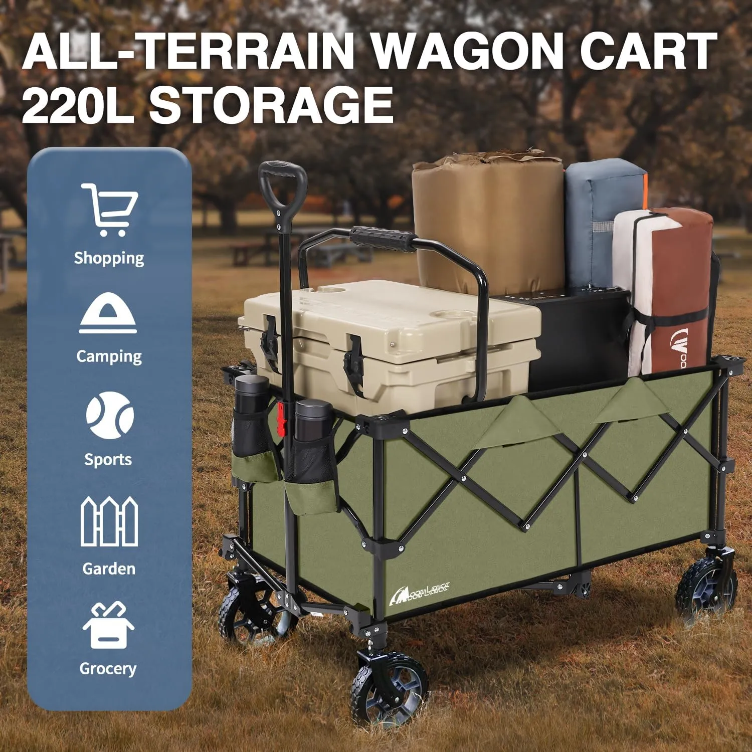 Moon Lence Collapsible Folding Wagon Cart Heavy Duty Folding Garden Portable Hand Cart with All-Terrain Beach Wheels, Adjustable Handle & Drink Holders (Green)