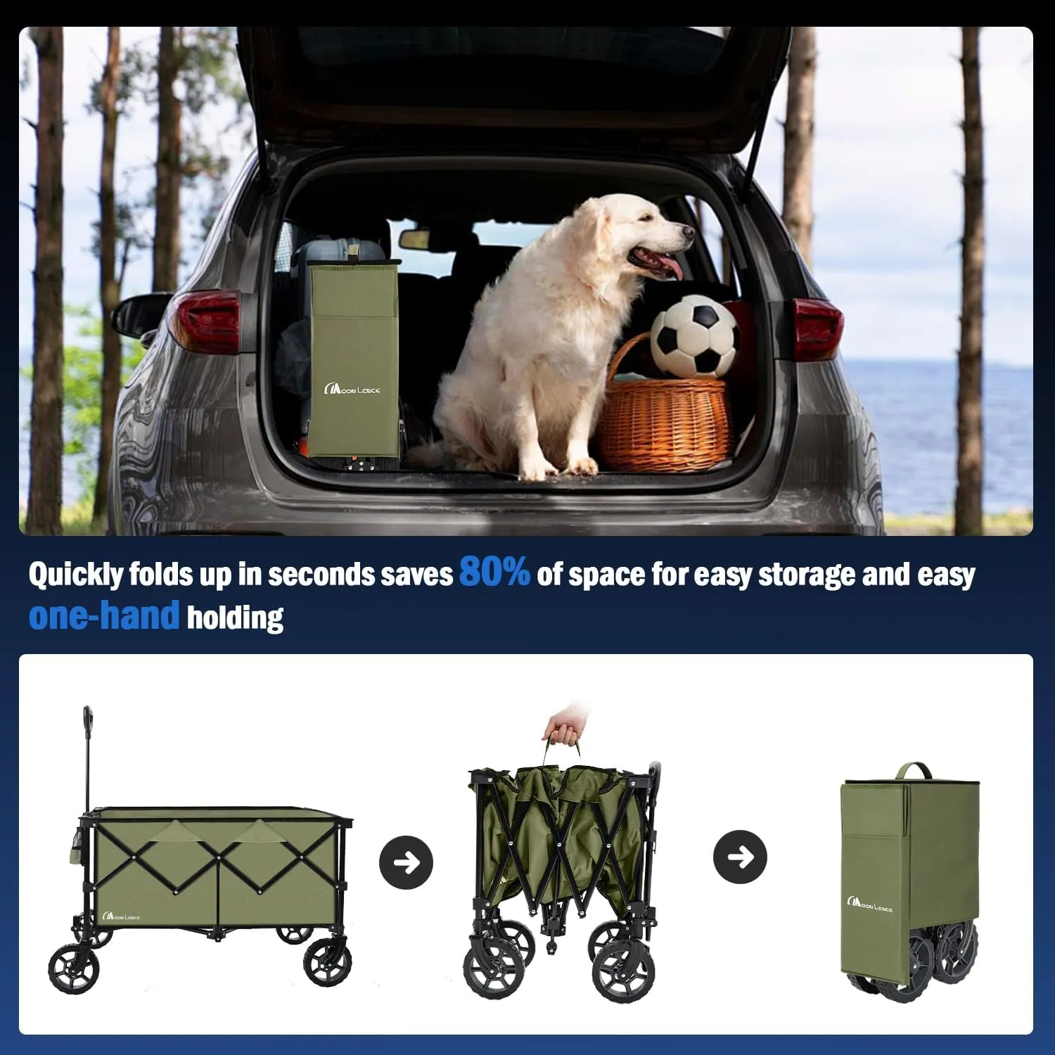 Moon Lence Collapsible Folding Wagon Cart Heavy Duty Folding Garden Portable Hand Cart with All-Terrain Beach Wheels, Adjustable Handle & Drink Holders (Green)