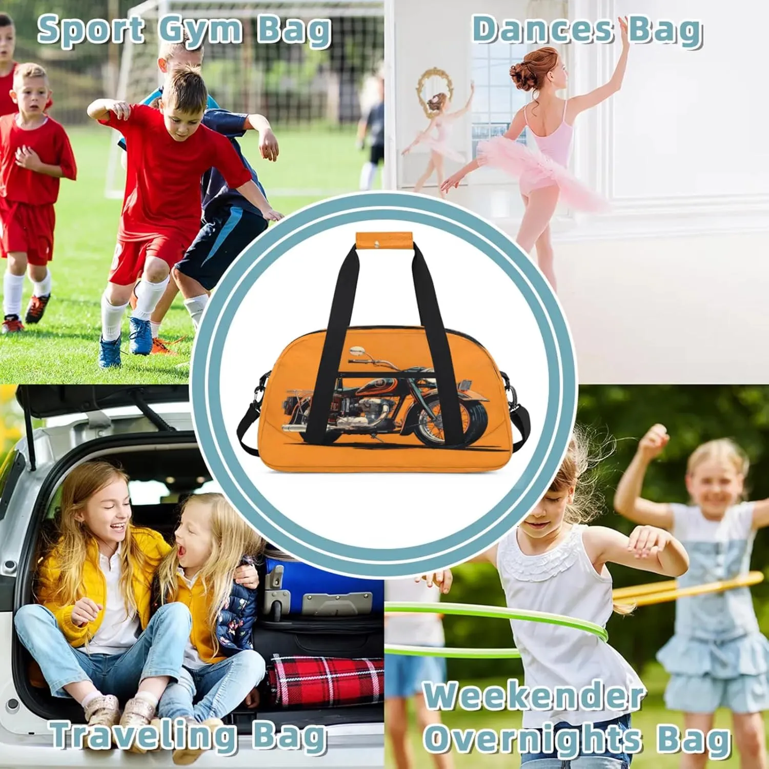 Motorcycle Theme Small Gym Bag 18 inch Carry On Duffel Bag for Weekender Travel Sports Workout Yoga Gymnastics Dance Ballet